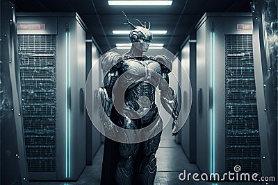 A cyborg guarding a data center server room Stock Photo