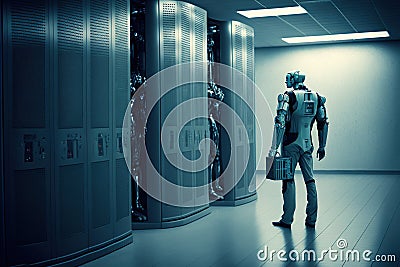 A cyborg guarding a data centre server room. Generative AI Stock Photo