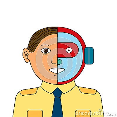 Cyborg. Half human half robot face wearing business worker uniform Vector Illustration