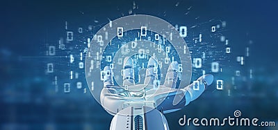 Cyborg hand holding a Data binary cloud 3d rendering Stock Photo