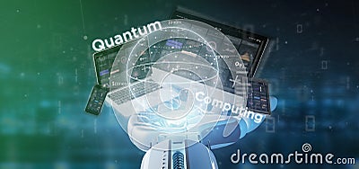 Cyborg hand holding Quantum computing concept with qubit and devices 3d rendering Stock Photo