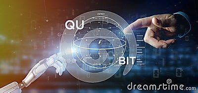 Cyborg hand holding Quantum computing concept with qubit icon 3d rendering Stock Photo