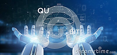 Cyborg hand holding Quantum computing concept with qubit icon 3d rendering Stock Photo