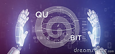 Cyborg hand holding Quantum computing concept with qubit icon 3d rendering Stock Photo