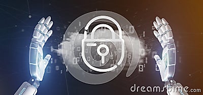 Cyborg holding a Binary cloud with internet security padlock 3d rendering Stock Photo
