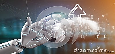 Cyborg holding a Binary cloud with upload internet arrow 3d rend Stock Photo