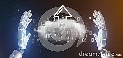 Cyborg holding a Binary cloud with upload internet arrow 3d rendering Stock Photo