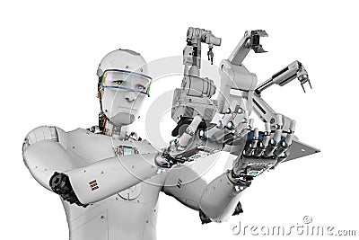Cyborg holding three robot arms Stock Photo