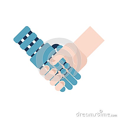 Cyborg and man handshake isolated. Artificial Intelligence. Vector illustration Vector Illustration