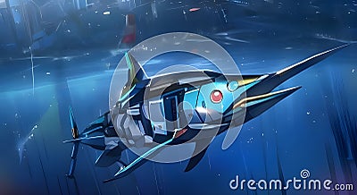 The Cyborg Marlin Fish Robot design AI model is an artificial intelligence system specifically developed for designing Stock Photo