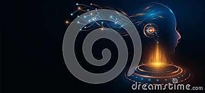 Cyborg with neural connectors analyzes neural network data with futuristic glowing HUD circle. Artificial intelligence concept. Vector Illustration