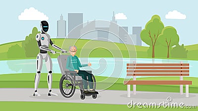 Cyborg with old man outdoor vector illustration. Mechanical caregiver and disabled senior in wheelchair on walk in park Vector Illustration