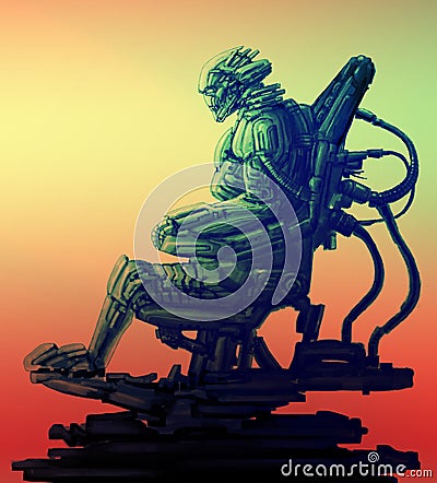 Cyborg pilot sits in suit on his iron throne. Science fiction illustration. Cartoon Illustration