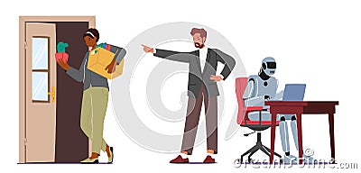 Cyborg Replace People at Job. Robotics Industry, Artificial Intelligence Concept. Robot Replace Employee at Work Vector Illustration