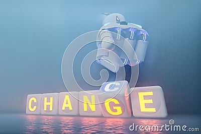 Cyborg robot hand changes text cube from change to chance - ai concept Stock Photo