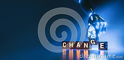 Cyborg robot hand changes text cube from change to chance - ai concept Stock Photo