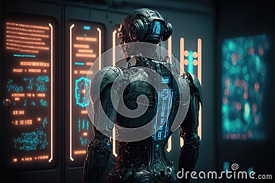 Cyborg robot looks at control panel of security system, view from the back. Digital future, monitoring of information on a Cartoon Illustration