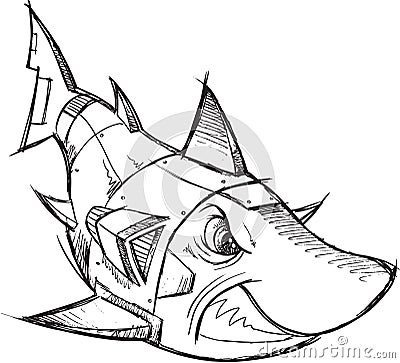 Cyborg Robot Shark Sketch Vector Illustration