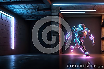 a cyborg robot tunnel character glow artificial intelligence spacecraft sci-fi spaceship cg android network neon intelligence race Stock Photo