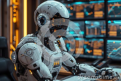 A cyborg sits at a desk in a high-tech luxurious office. Background is blurred many screens. It indicates that world systems such Stock Photo