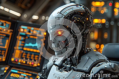 A cyborg sits at a desk in a high-tech luxurious office. Background is blurred many screens. It indicates that world systems such Stock Photo