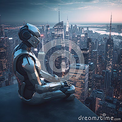 cyborg sitting on the roof watching over the city Cartoon Illustration