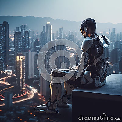 cyborg sitting on the roof watching over the city Cartoon Illustration