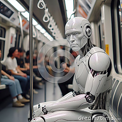 A cyborg sitting in a subway train with other passengers Stock Photo