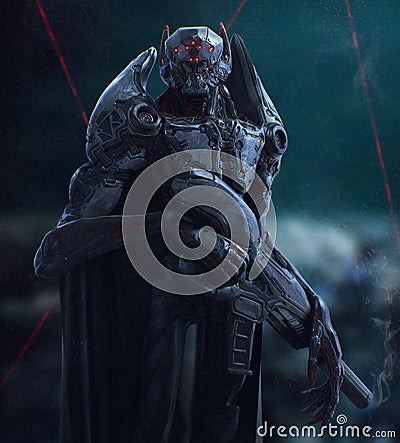 Cyborg vampire stands in the night. 3D illustration Cartoon Illustration