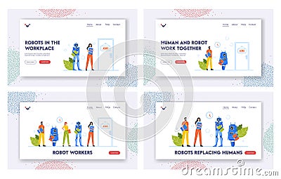 Cyborg VS People Workers Landing Page Template Set. Robots and Human Stand in Queue Waiting Interview in Office Lobby Vector Illustration