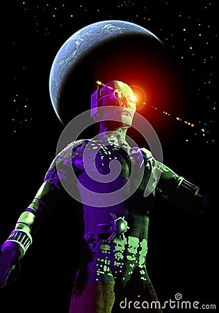 Cyborg warrior, light effects, dark sky with stars and planet, 3d illustration Cartoon Illustration