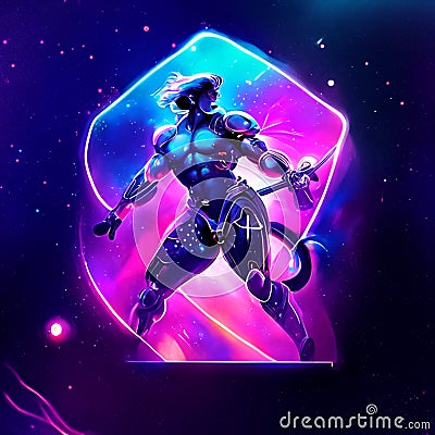 Cyborg warrior in neon light. 3d rendering. Computer digital drawing. generative AI Stock Photo