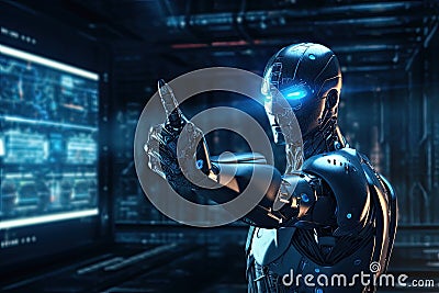 Cyborg woman pointing with finger on blurry background. 3D rendering, Cyber digital world android robot pointing finger computer Stock Photo