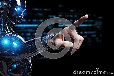 Cyborg woman touching screen with finger on dark background 3D rendering, Cyber digital world android robot pointing finger Stock Photo