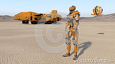 Cyborg worker with spaceship and drone, humanoid robot with spacecraft exploring deserted planet, mechanical android, 3D render Stock Photo