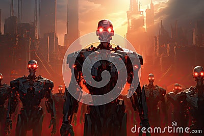 Cyborgs in a futuristic city. 3D rendering image, Mechanical Guardians: An image featuring towering AI robots, their imposing Stock Photo