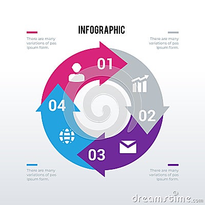 Cycle arrows processed infographics template design. Business concept infograph with 4 options, steps or processes. Vector Vector Illustration