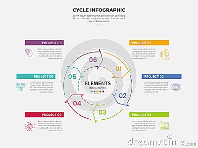 cycle base infographic outline style with 6 point template with circular arrow shape base on center for slide presentation Stock Photo