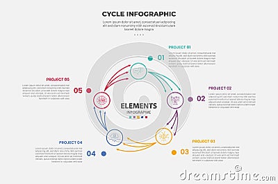 cycle base infographic outline style with 5 point template with circular circle with thin arrow line direction for slide Stock Photo