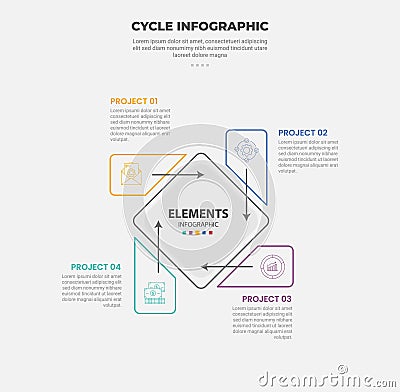cycle base infographic outline style with 4 point template with diamond base on center with arrow pointer direction for slide Stock Photo