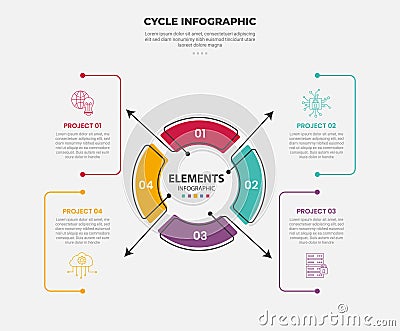 cycle base infographic outline style with 4 point template with piechart circle with arrow line pointer description for slide Stock Photo