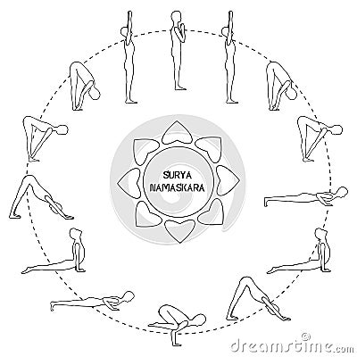 Cycle exercise in yoga sun salutation. Silhouette outline. Vector Vector Illustration