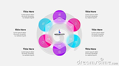 Cycle scheme with six circles and glassmorphism hexagon. Concept of business process with 6 steps. Infographic design Vector Illustration