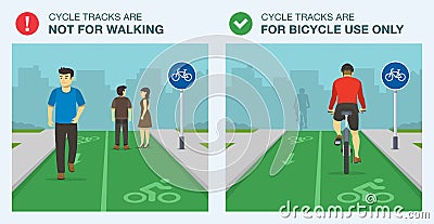 Cycle tracks are for bicycle use only, not for walking. Route to be used by pedal cycles only road sign. Back view of cycling. Vector Illustration
