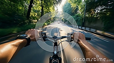 a cycler on a roadside, a car passing by, trees on the right side of the street, point of view from the cyclers head Stock Photo