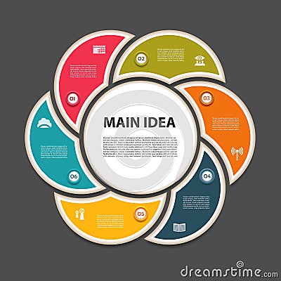 Cyclic diagram with six steps and icons. Vector Illustration