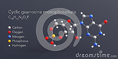 cyclic guanosine monophosphate molecule 3d rendering, flat molecular structure with chemical formula and atoms color coding Stock Photo