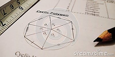 cyclic polygon diagram displayed on white paper with scaling Stock Photo