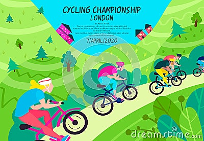 Cycling championship in green wooded area Vector Illustration