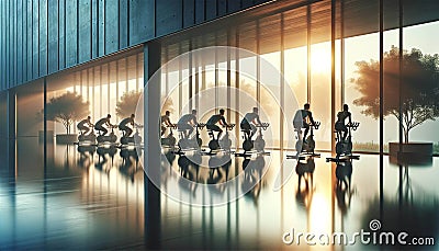 Cycling class in a modern fitness club where a group of determined people engage in intense spinning. Stock Photo